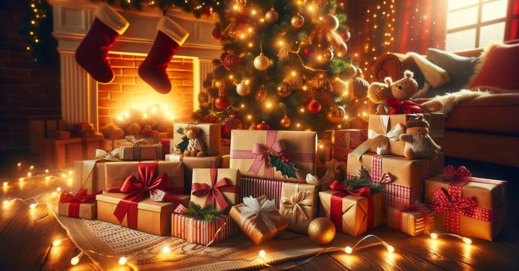 Julegaver under juletræet i en hyggelig julestue