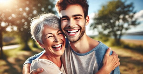 Mor og søn krammer og griner