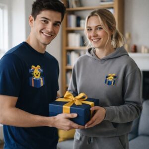 Glad par iført Geniale Gaver-tøj der giver en indpakket gave - inspiration til gaveidéer til hele familien