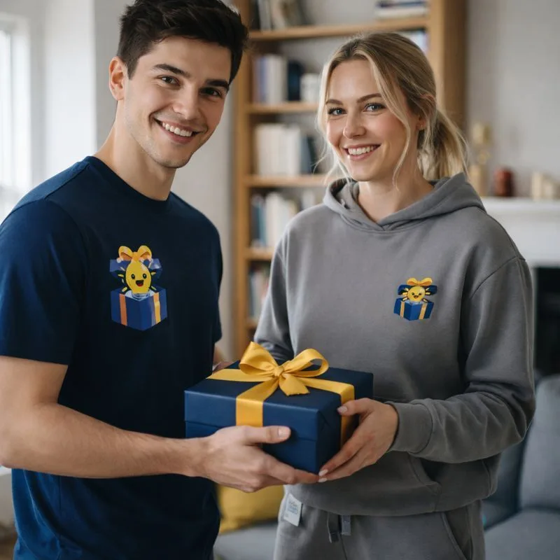 Glad par iført Geniale Gaver-tøj der giver en indpakket gave - inspiration til gaveidéer til hele familien